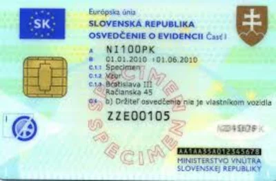 Ukážka prednej strany osvedčenia o evidencii